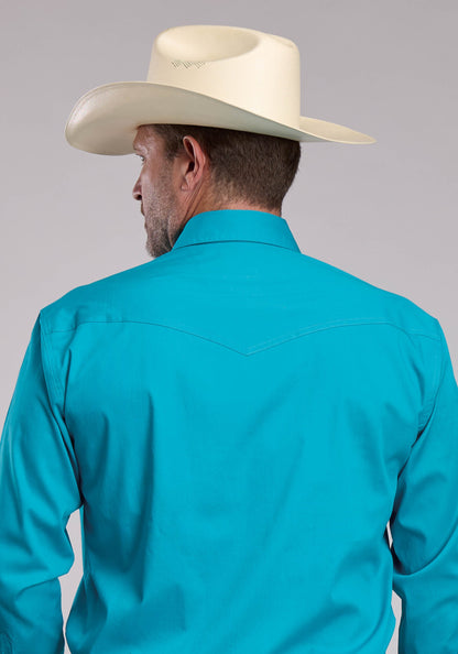 Roper Mens Roper Solid Turquoise Stretch Poplin Long Sleeve Snap Shirt
