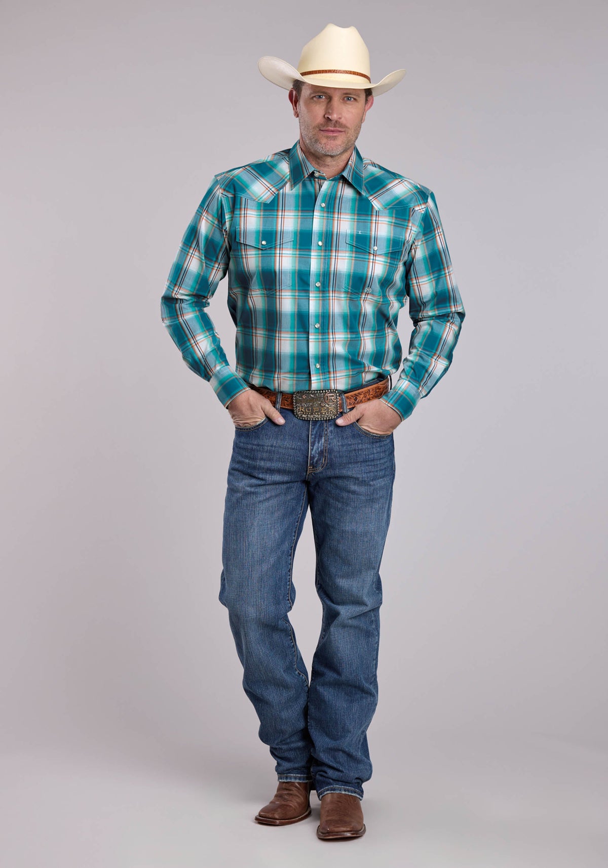 Roper Mens Roper Sunset Plaid Long Sleeve Snap Shirt