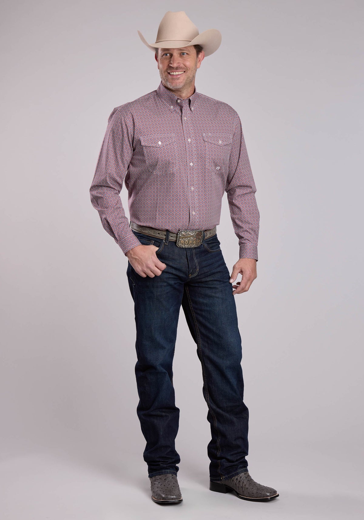 Roper Mens Roper Red Tile Foulard Long Sleeve Button Shirt