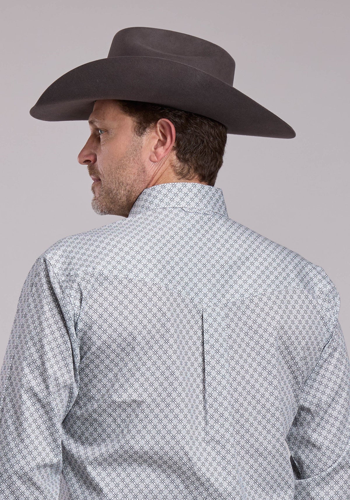 Roper Mens Roper Grey Stretch Four Point Foulard Long Sleeve Button Shirt