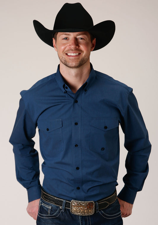 Roper Mens Long Sleeve Button Black Fill  Solid Blue Western Shirt