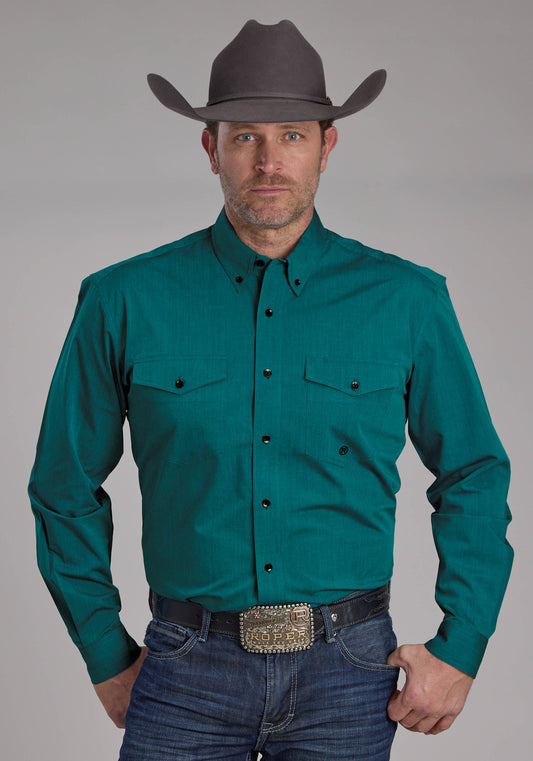 Roper Mens Black Fill Solid Poplin - Teal Long Sleeve Button Western Shirt