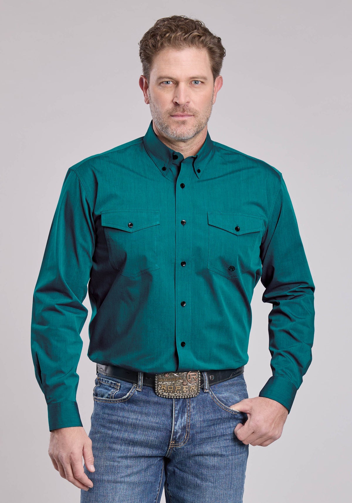 Roper Mens Roper Solid Black Fill Teal Long Sleeve Button Shirt