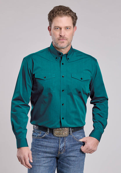 Roper Mens Roper Solid Black Fill Teal Long Sleeve Button Shirt