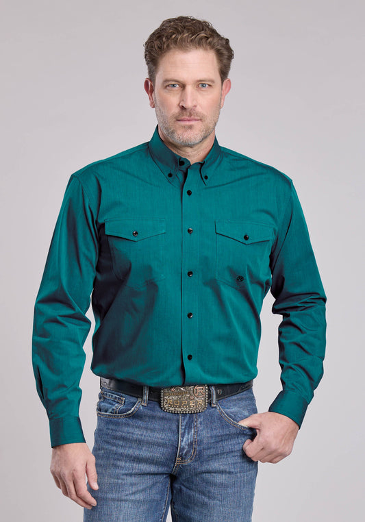 Roper Mens Roper Solid Black Fill Teal Long Sleeve Button Shirt