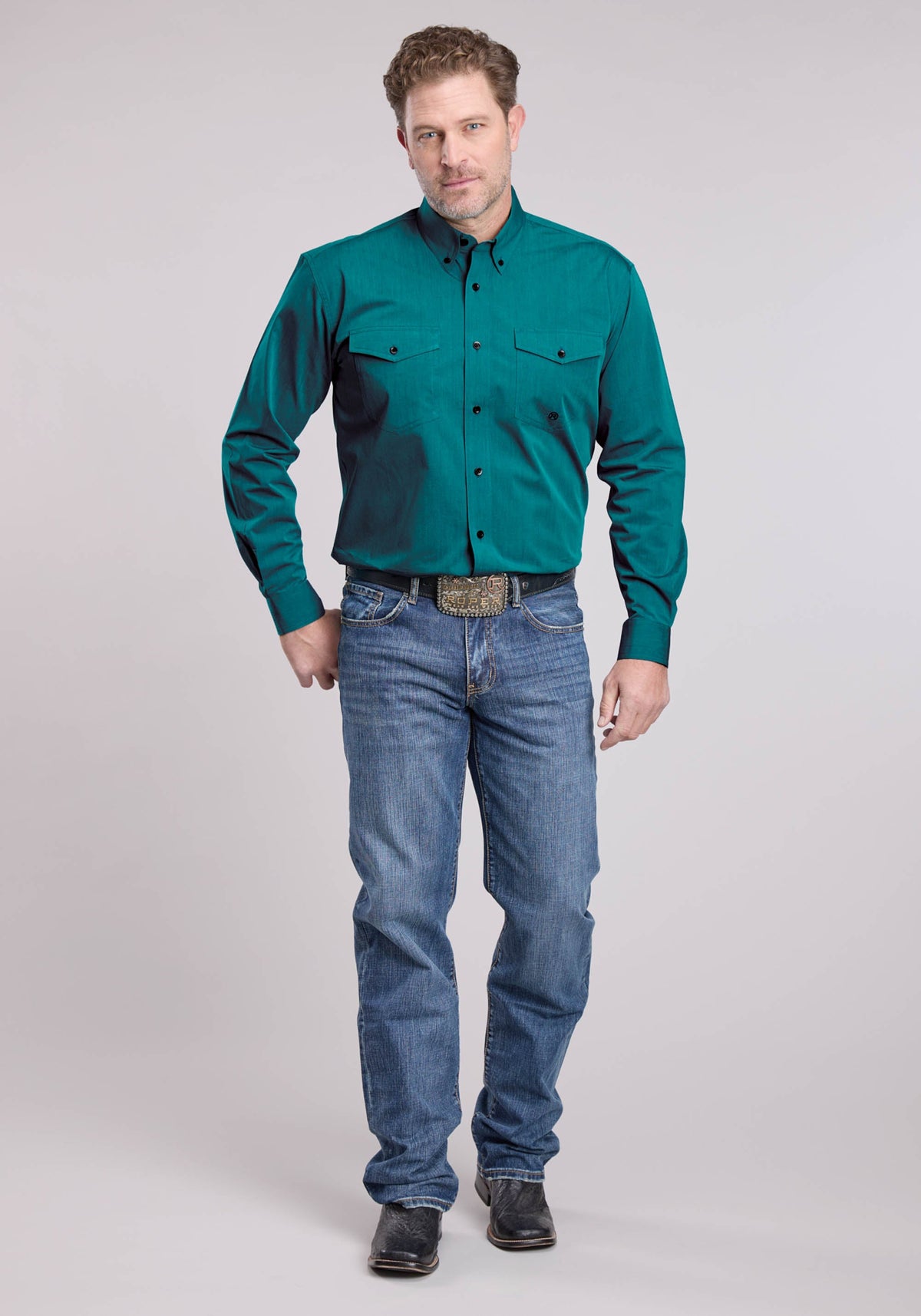 Roper Mens Roper Solid Black Fill Teal Long Sleeve Button Shirt