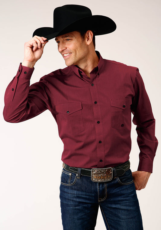 Roper Mens Long Sleeve Button Black Fill Solid  Wine Western Shirt
