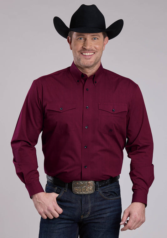 Roper Mens Long Sleeve Button Black Fill - Wine Western Shirt
