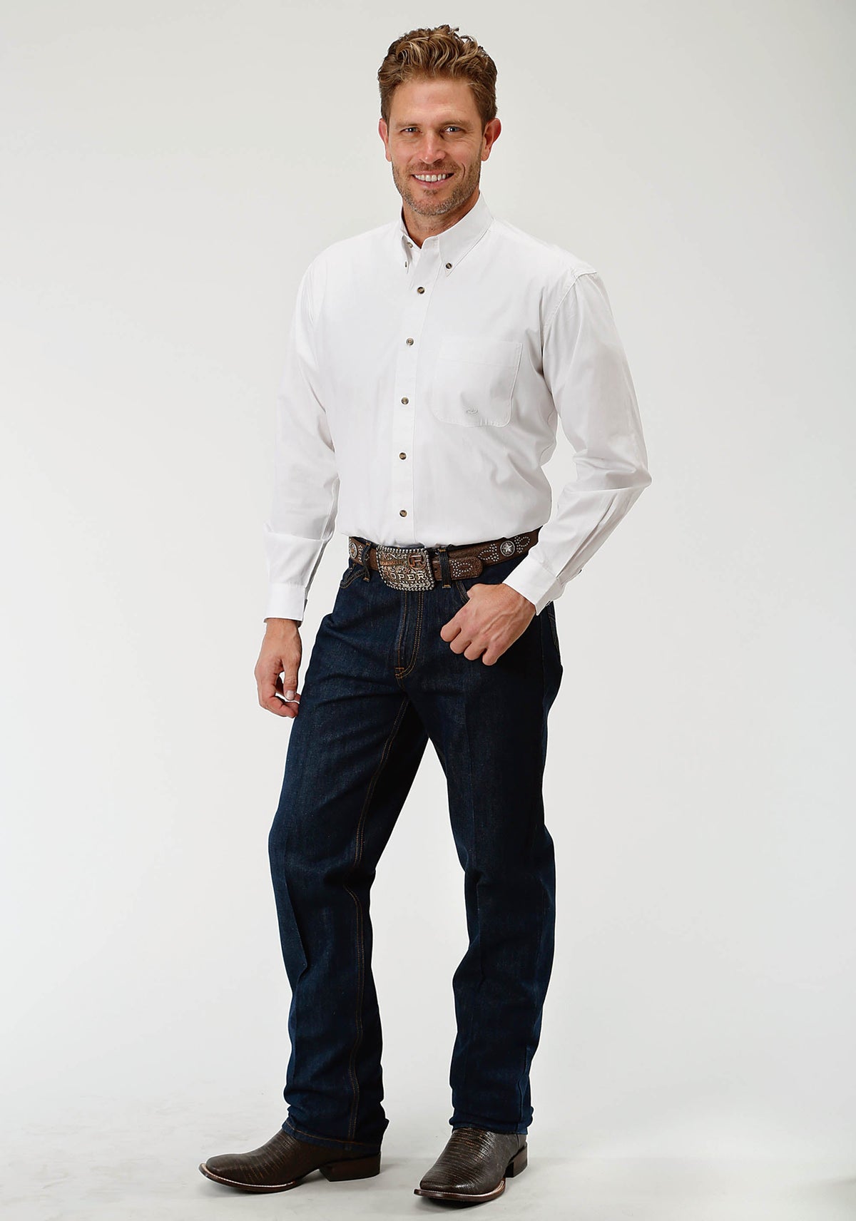 Roper Mens White Solid Long Sleeve Western Button Shirt