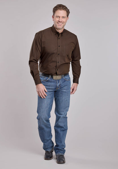 Roper Mens Roper Solid Black Fill Brown Long Sleeve Button Shirt