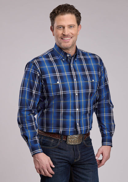 Roper Mens Long Sleeve Button Midnight Plaid Western Shirt