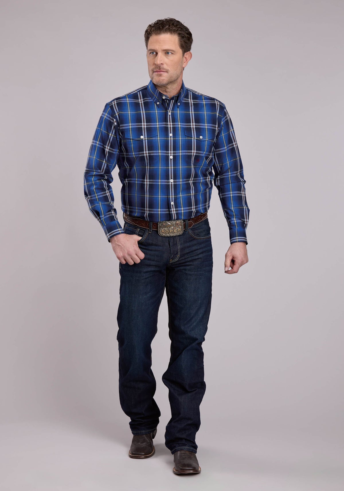 Roper Mens Long Sleeve Button Midnight Plaid Western Shirt
