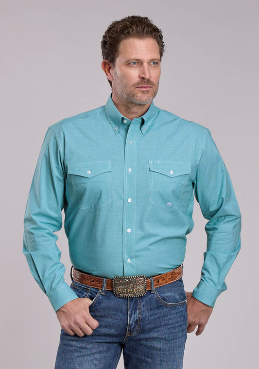 Roper Mens Roper Stretch Minicheck Turquoise Long Sleeve Button Shirt