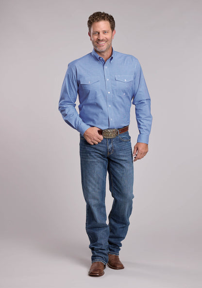 Roper Mens Roper Stretch Mini Check Blue Long Sleeve Button Shirt