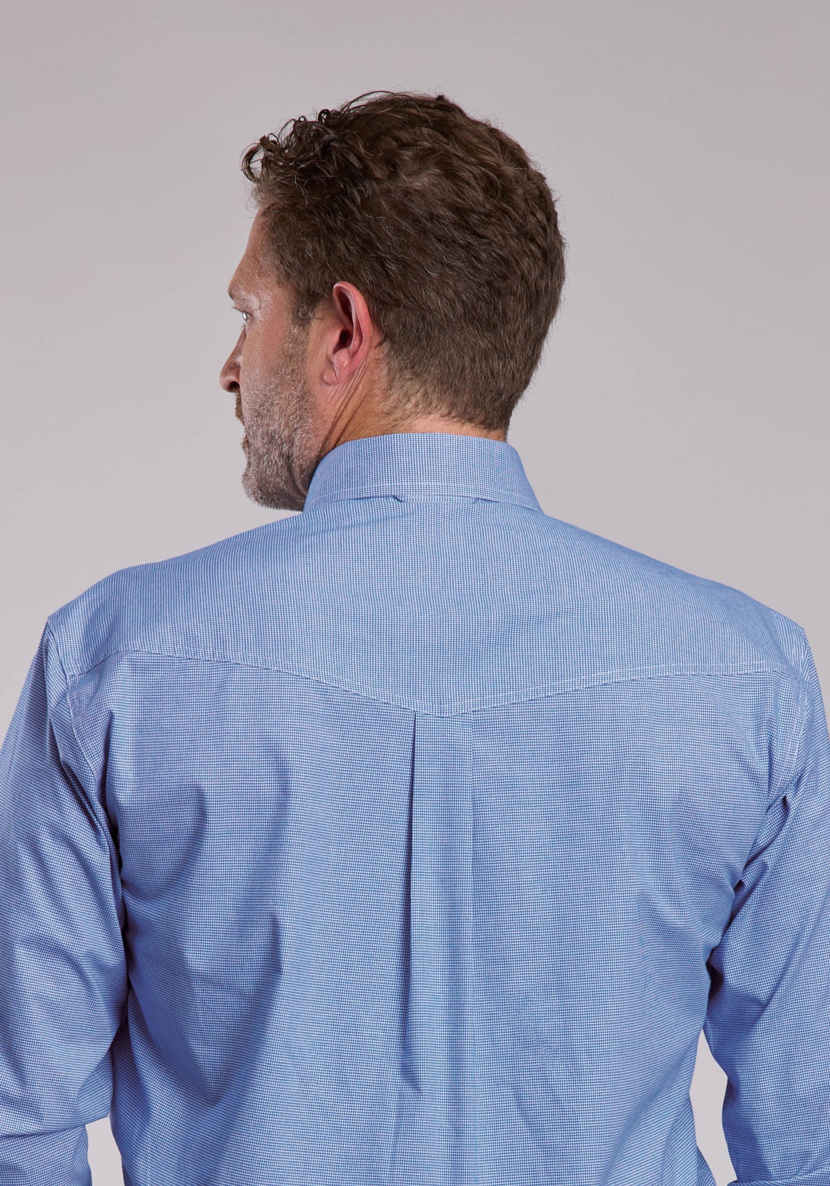 Roper Mens Roper Stretch Mini Check Blue Long Sleeve Button Shirt