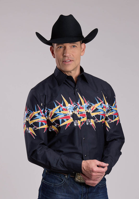 Roper Mens Roper Star Bull Border Long Sleeve Snap Shirt