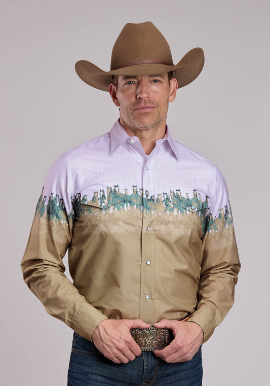 Roper Mens Roper Run Wild Border Long Sleeve Snap Shirt