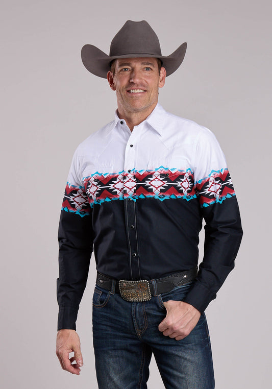 Roper Mens Roper Stampled Aztec Border Long Sleeve Snap Shirt