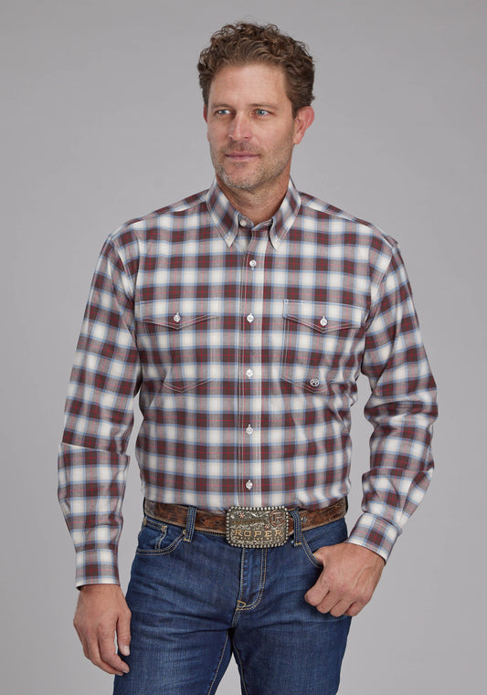 Roper Mens Stretch Plaid - Brown Long Sleeve Button Western Shirt