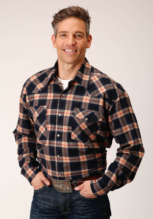 Roper Mens Long Sleeve Snap Unlined Tan Navy And Red Flannel Plaid Shirt Western