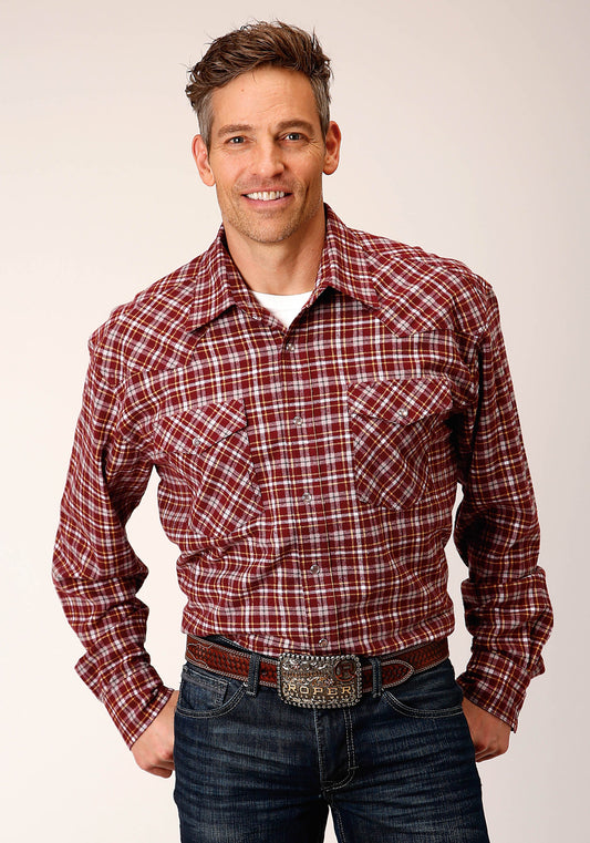 Roper Mens Long Sleeve Snap Unlined Wine Grey And Gold Flannel Plaid Shirt Wester