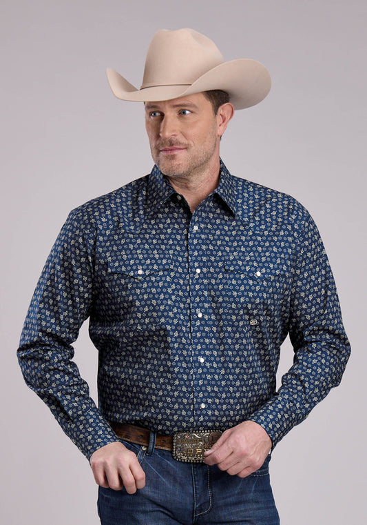 Roper Mens Long Sleeve Snap Stretch Poplin Paisley - Navy Western Shirt