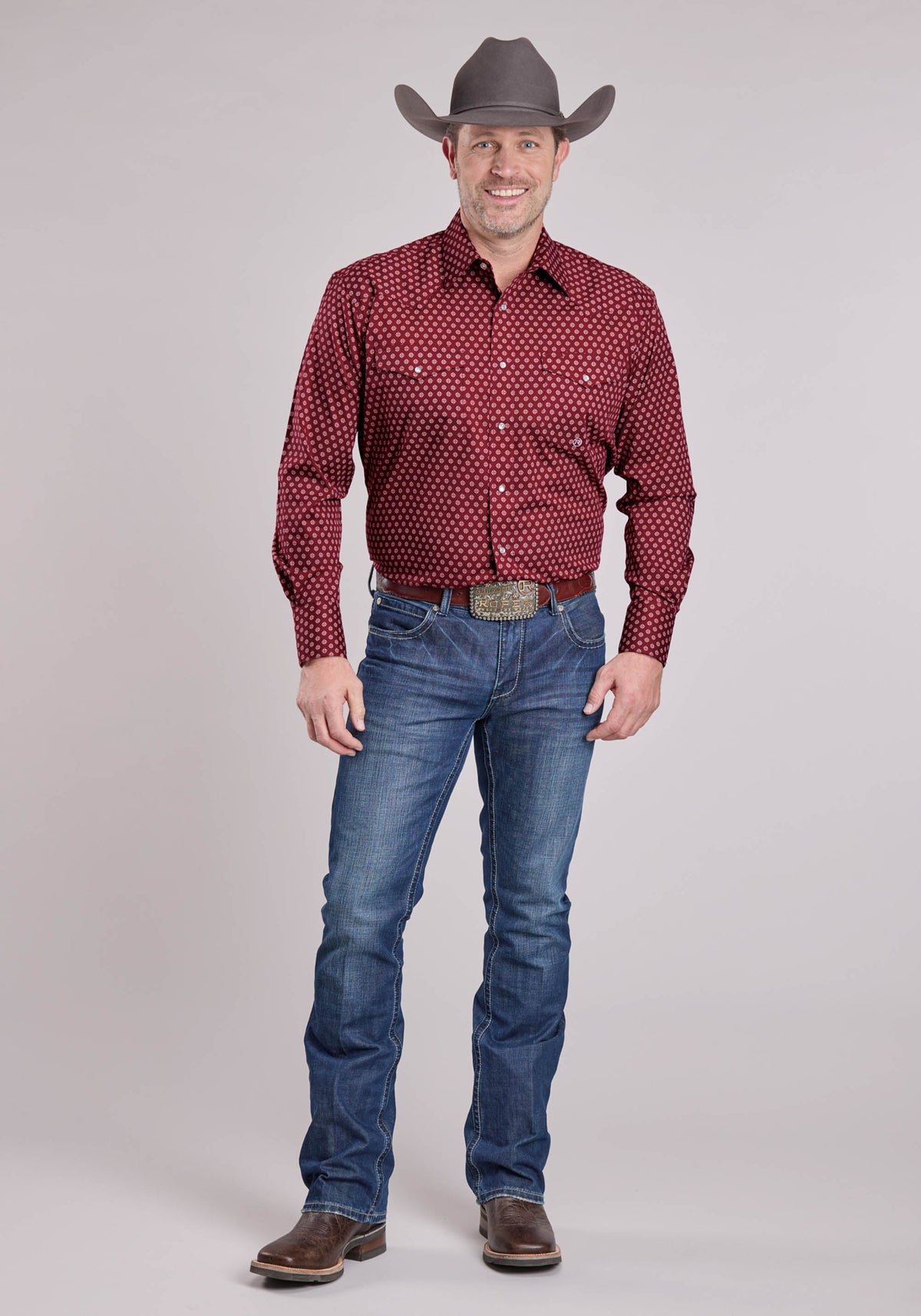 Roper Mens Roper Red Stretch Foulard Long Sleeve Snap Shirt