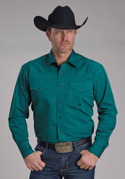 Roper Mens Black Fill Solid Poplin - Teal Long Sleeve Snap Western Shirt