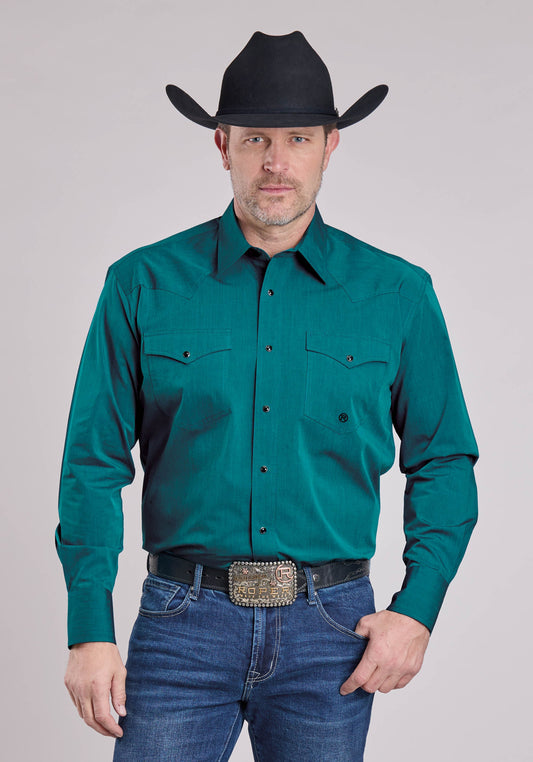 Roper Mens Roper Solid Black Fill Teal Long Sleeve Snap Shirt