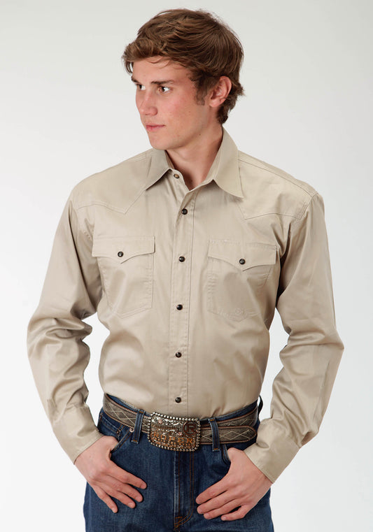 Roper Mens Khaki Solid Long Sleeve Western Snap Shirt Tall Fit