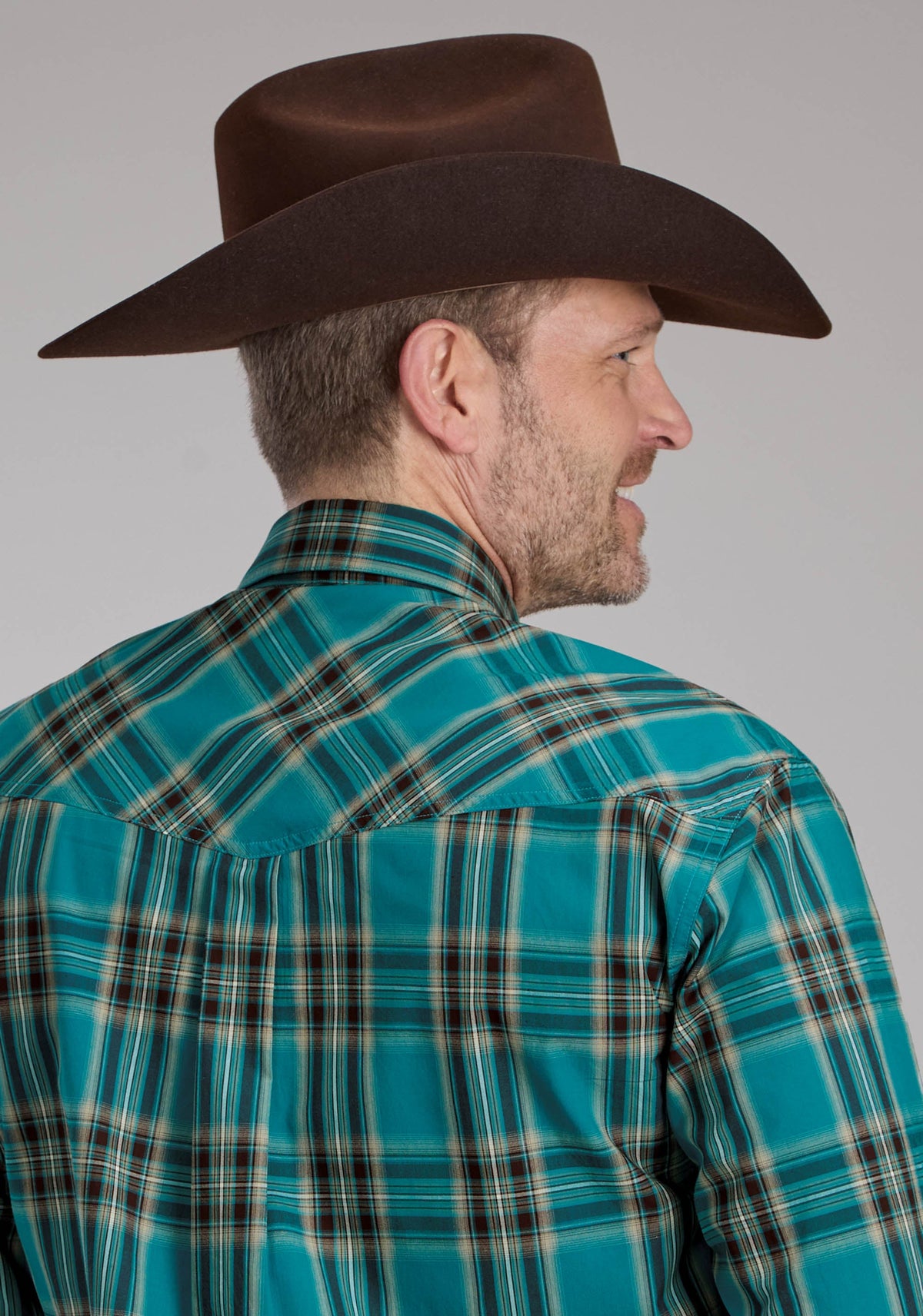 Roper Mens Real Teal Plaid Long Sleeve Snap Western Shirt