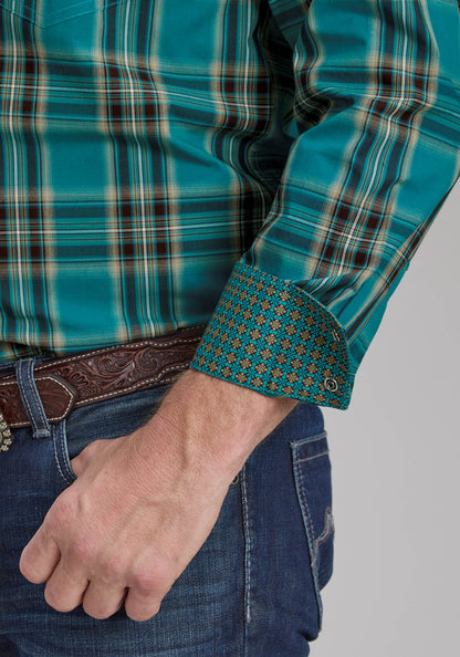 Roper Mens Real Teal Plaid Long Sleeve Snap Western Shirt