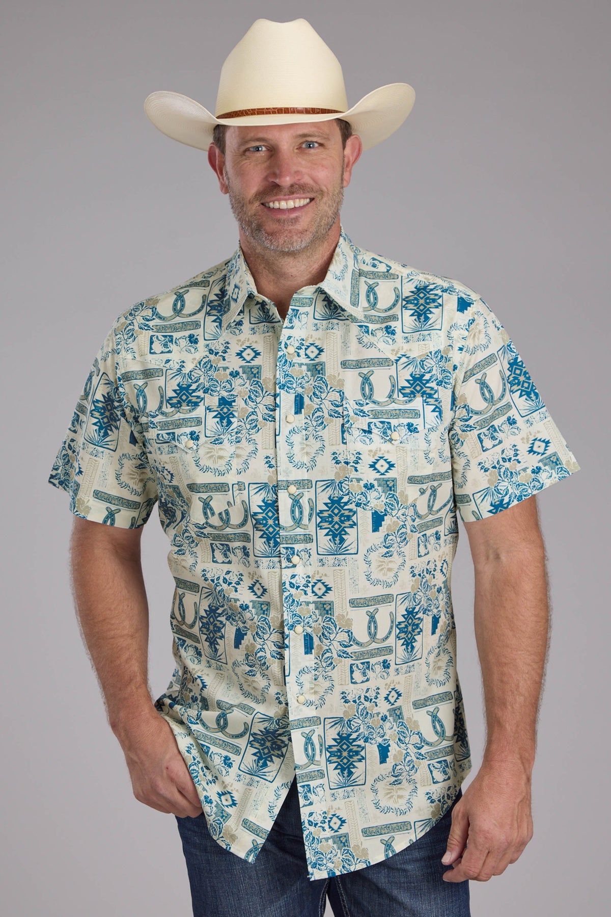 Roper Mens Tropical Resort Print Short Sleeve Snap Western Shirt