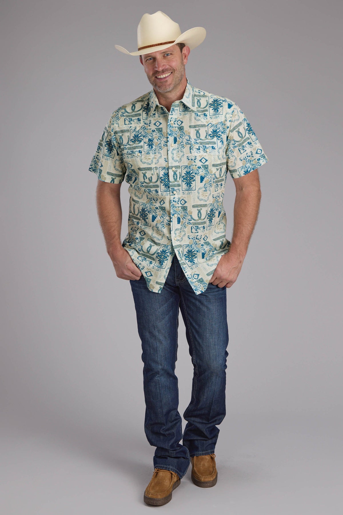 Roper Mens Tropical Resort Print Short Sleeve Snap Western Shirt