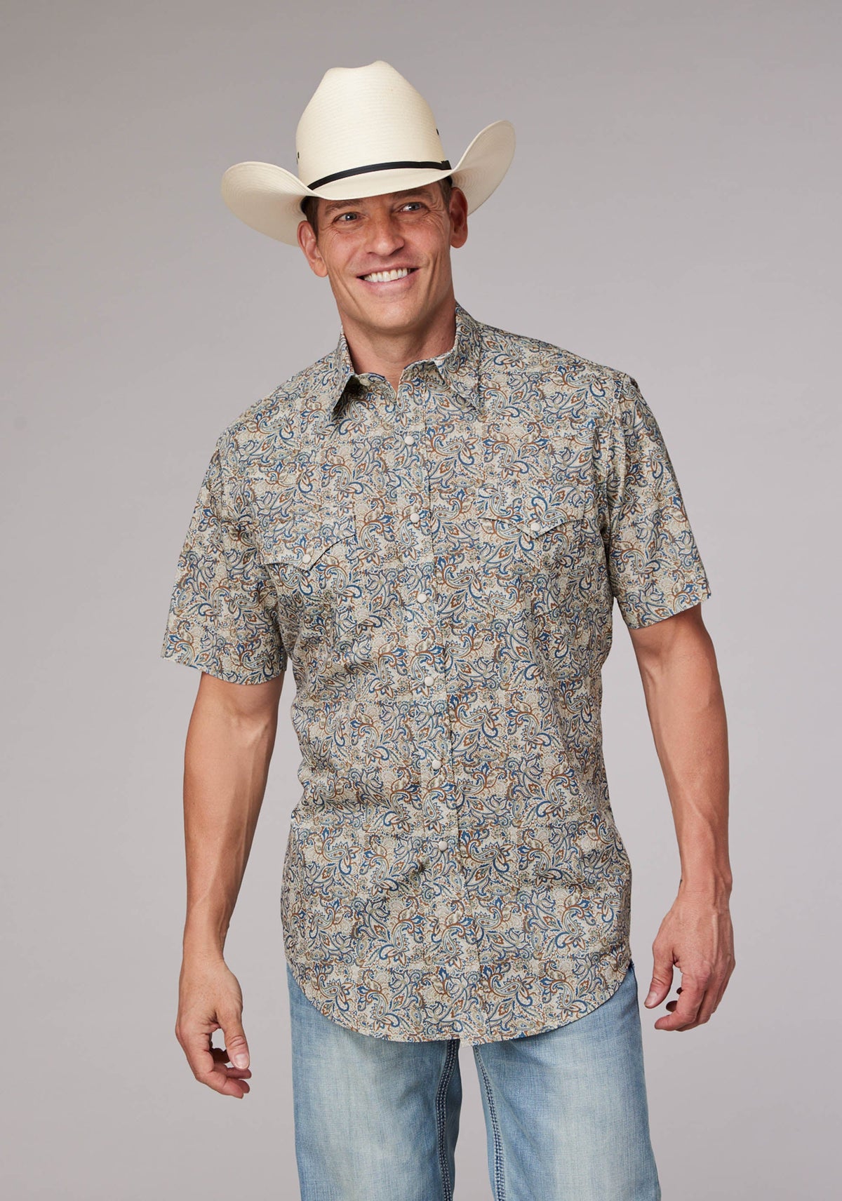 Roper Mens Sketchy Paisley Print Short Sleeve Snap Western Shirt