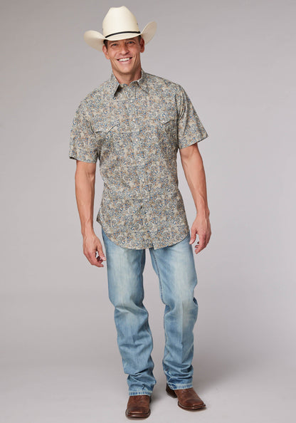 Roper Mens Sketchy Paisley Print Short Sleeve Snap Western Shirt
