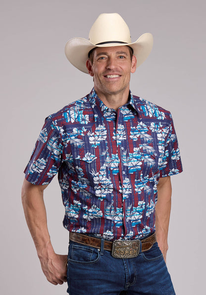 Roper Mens Roper Distressed Tropical Aztec Print Short Sleeve Snap Shirt