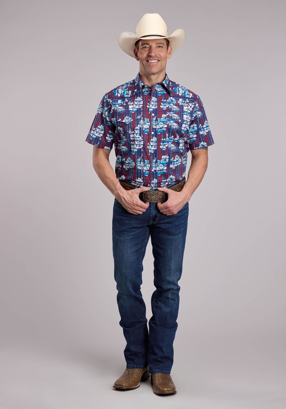 Roper Mens Roper Distressed Tropical Aztec Print Short Sleeve Snap Shirt