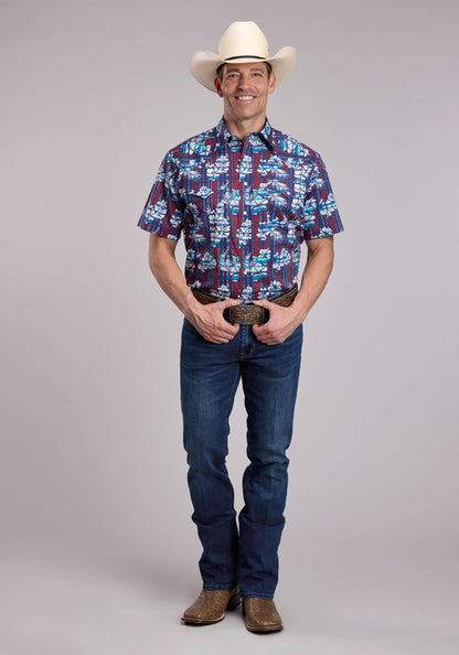 Roper Mens Roper Distressed Tropical Aztec Print Short Sleeve Snap Shirt