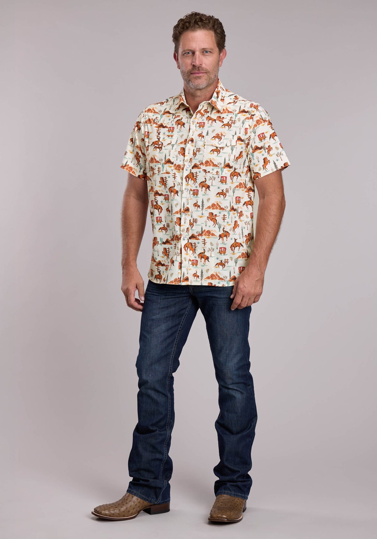 Roper Mens Roper Vintage Scenic Print Short Sleeve Snap Shirt