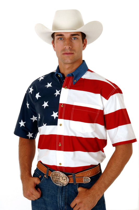 Roper Mens Red White And Blue Stars And Stripes Pieced American Flag Short Sleeve