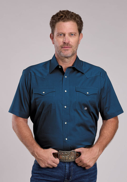 Roper Mens Roper Solid Stretch Navy Short Sleeve Snap Shirt