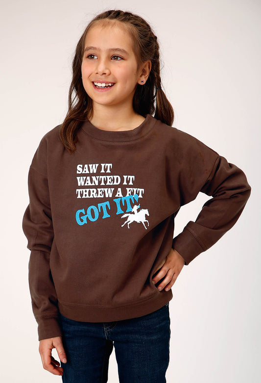 Roper Girls Long Sleeve Dark Brown Cotton Fleece Western T Shirt With Scoop Neck