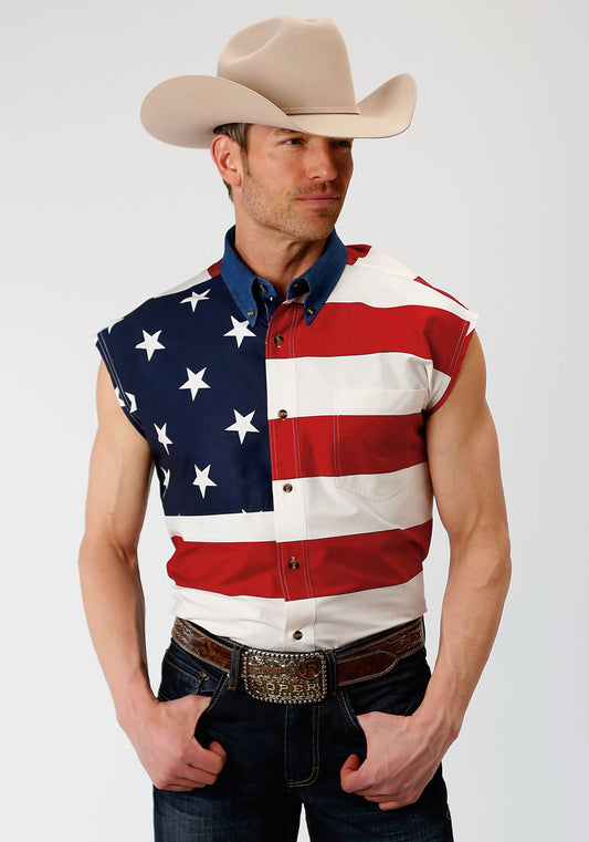 Roper Mens Red White And Blue Stars And Stripes Pieced American Flag Sleeveless W