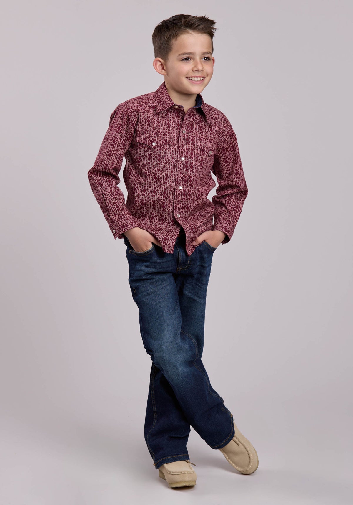 Roper Boys Long Sleeve Snap Linear Aztec Print Western Shirt