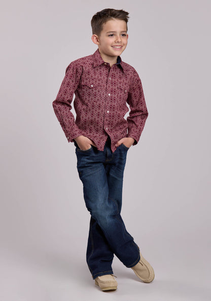 Roper Boys Long Sleeve Snap Linear Aztec Print Western Shirt
