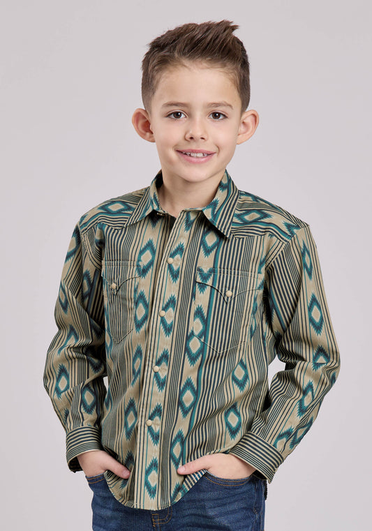 Roper Boys Roper Navajo Stripes Print Long Sleeve Snap Shirt