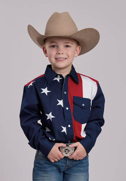 Roper Boys Roper Vertical Stars And Stripe Print Western Snap Shirt