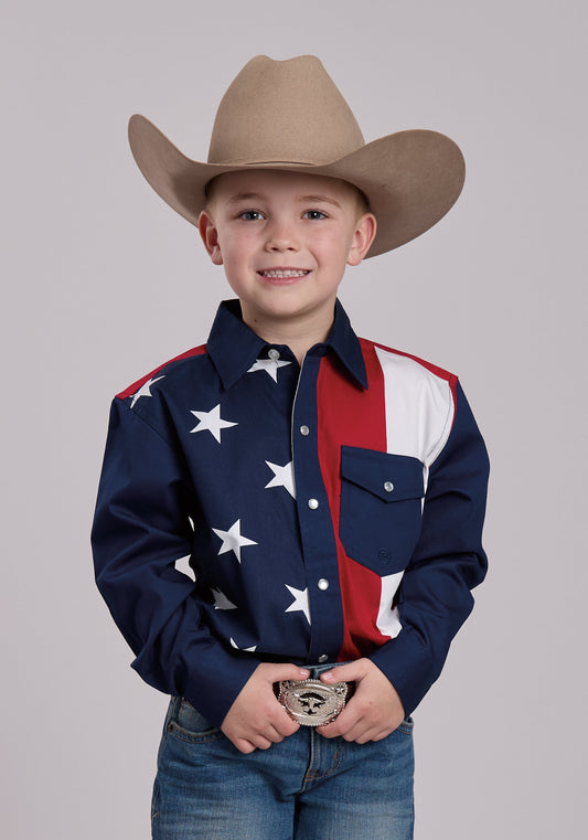 Roper Boys Roper Vertical Stars And Stripe Print Western Snap Shirt