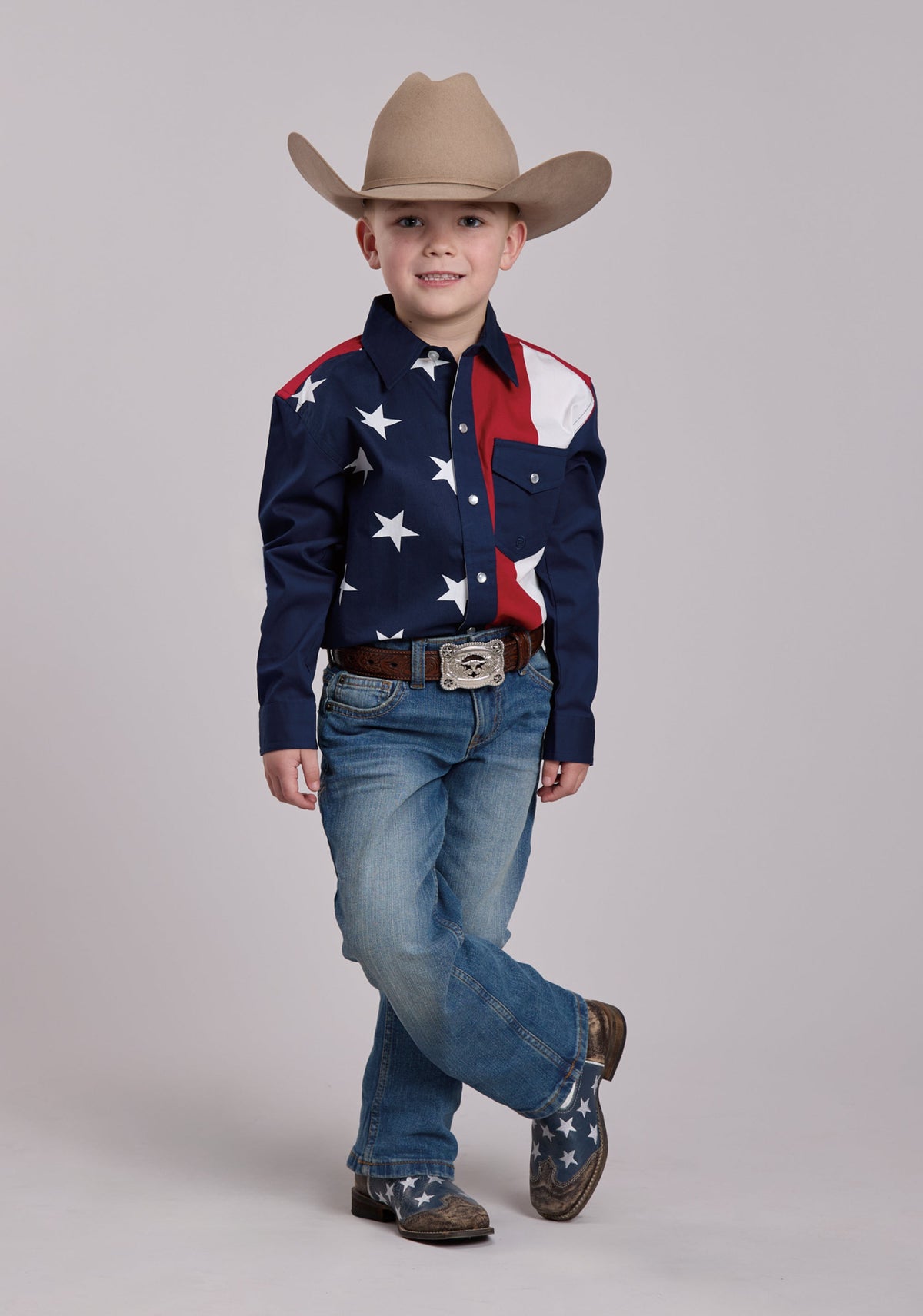 Roper Boys Roper Vertical Stars And Stripe Print Western Snap Shirt